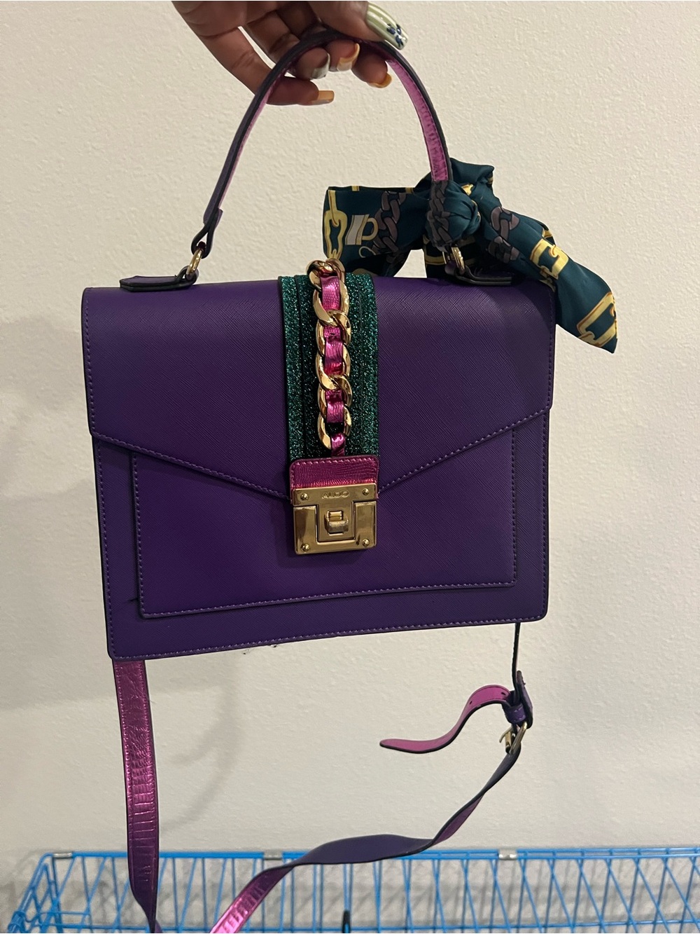 Aldo Purple Top-Handle Leather Satchel with Green & Pink Chain Accent